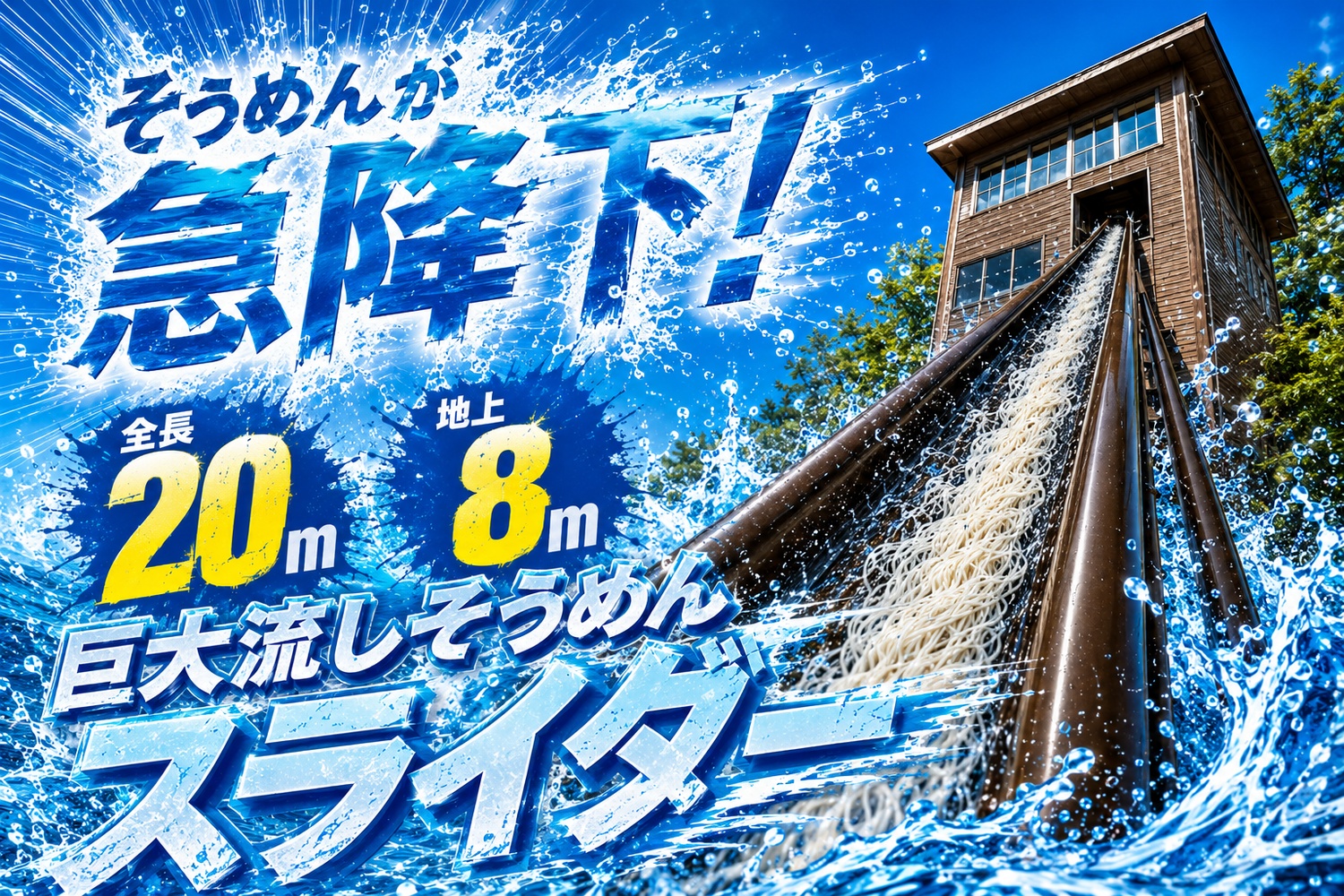 地上8mから揖保乃糸が流れる!宍粟の巨大流しそうめん体験